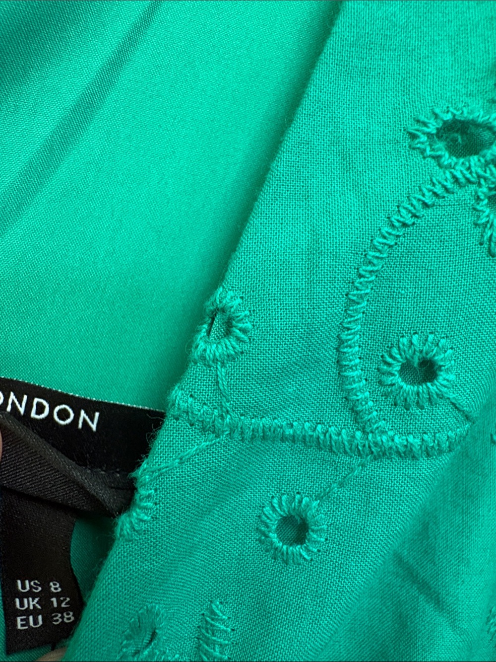NWT Maggy London Green Eyelet V-Neck Ruffle Midi Dress - Picture 6 of 16